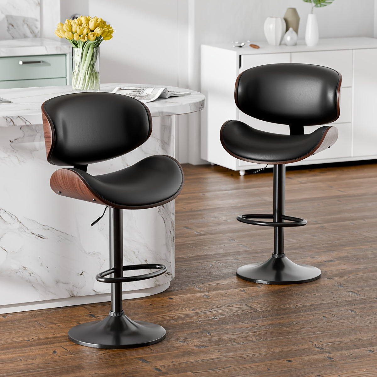Bar Stools, Swivel Adjustable Height Barstools, PU Leather Upholstered Bar Chairs With Footrest, Bentwood Bar Stool For Kitchen, Bar, Dining Room