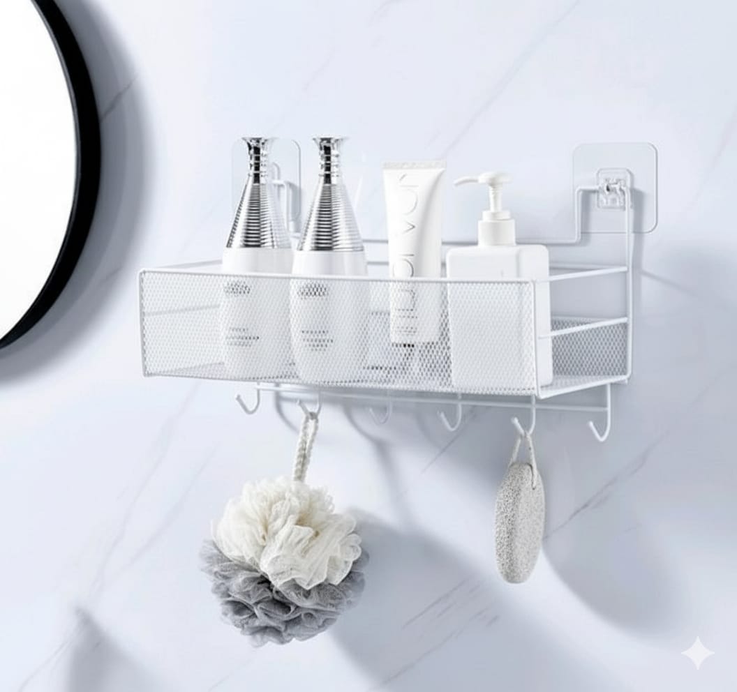 Bathroom shelf with hooks