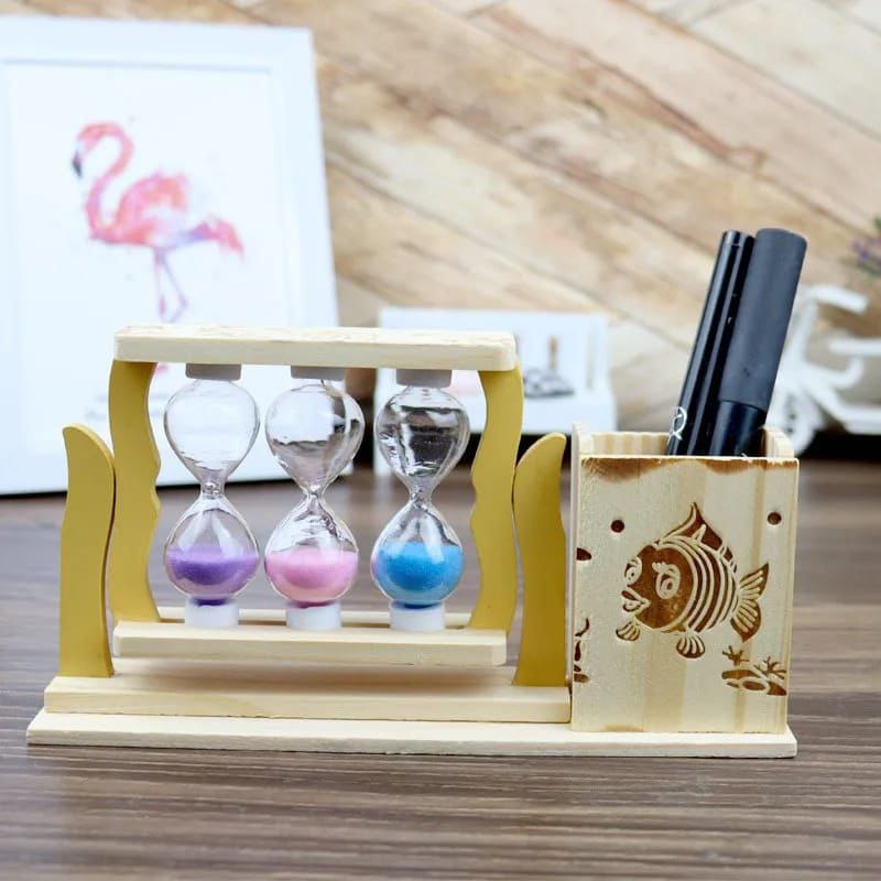 Handicraft Wooden Pen Stand with 3 Hourglass Timer&nbsp;