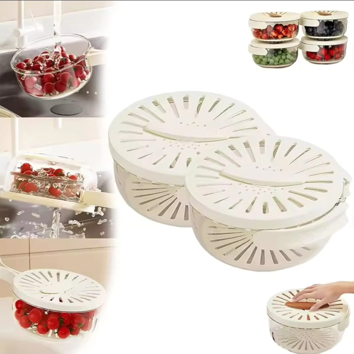 Multi-functional Food Storage, Fruits/Vegetable Drainer/Colander Container with Foldable handle