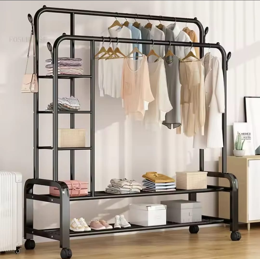 Double Layer Garment Rack Floor  Standing Clothes Hanger