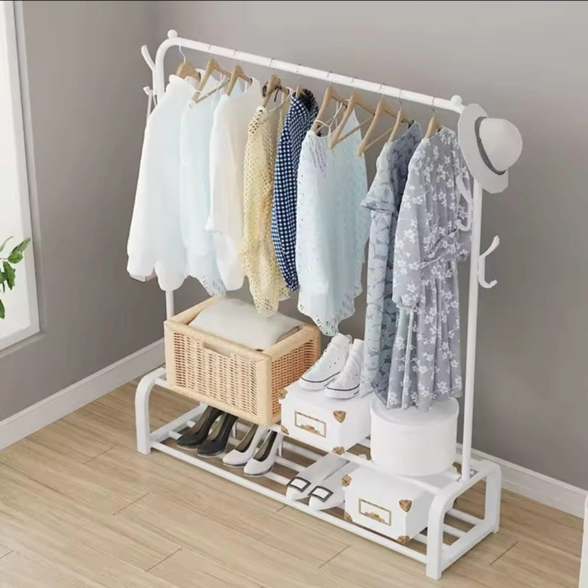 Cloth Rack With Double Lower Storage Shelf