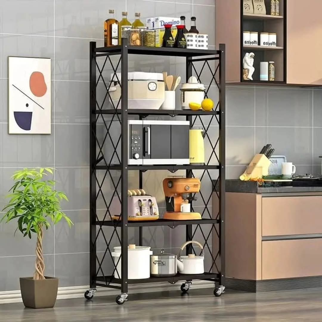 5-Tier Foldable Multipurpose Rack With Shelves Wheels