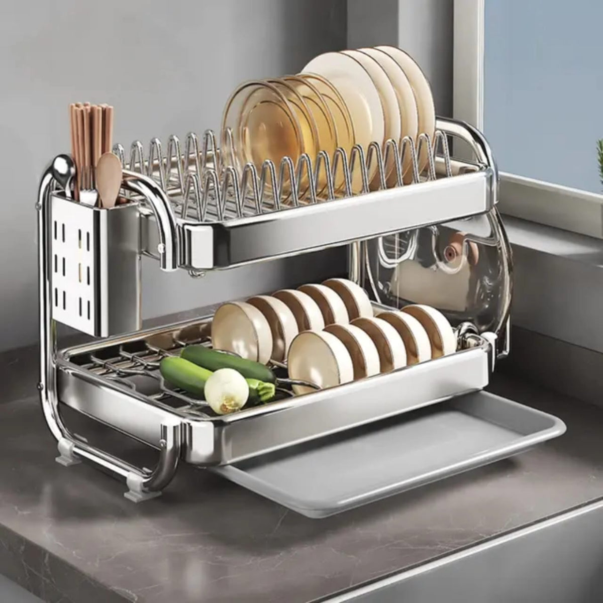 201ss Material 2-Tier Kitchen Chrome plated Dish Rack with drain tray