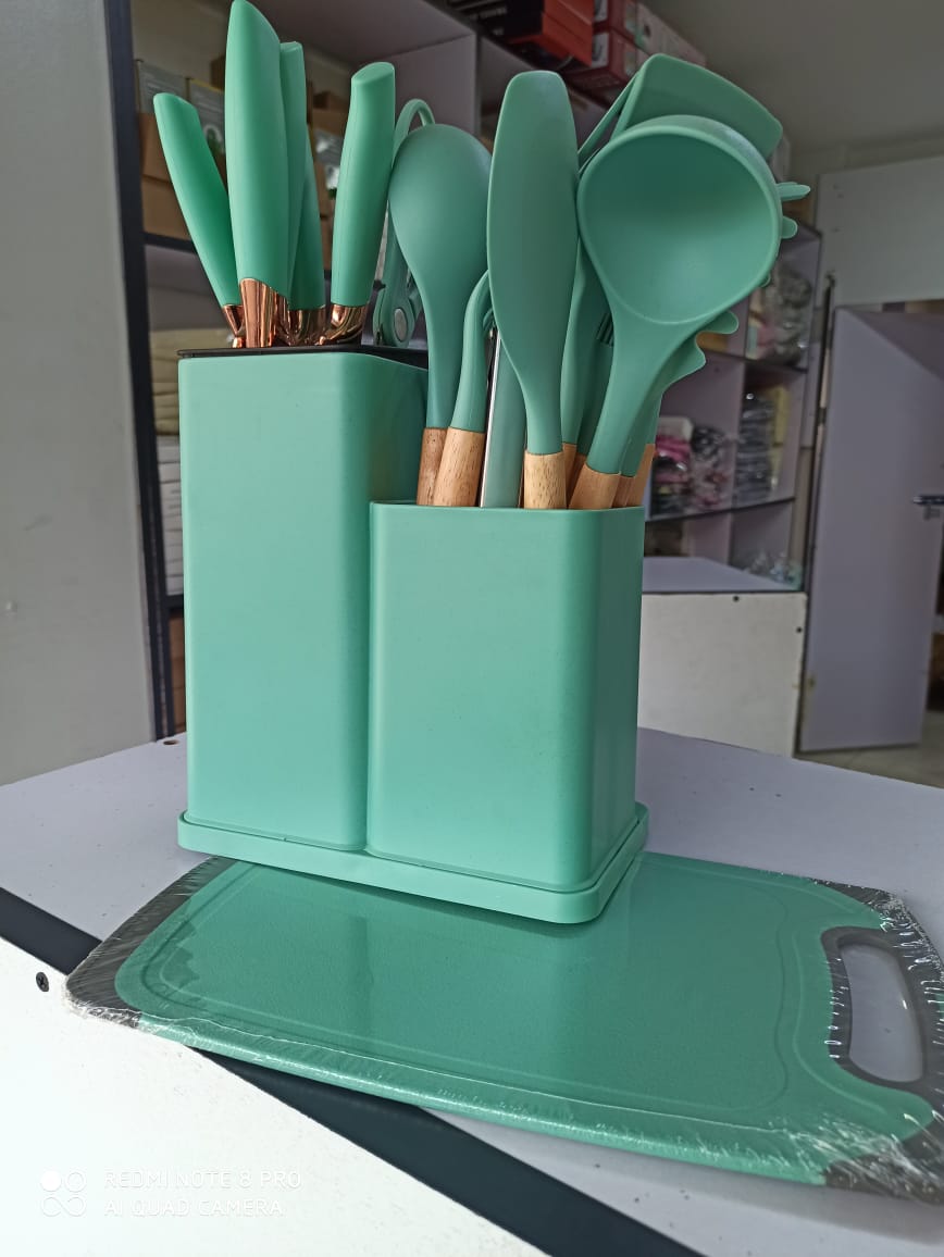 Quality 19pcs silicone cooking spoons, knifes, chopping board and  holder