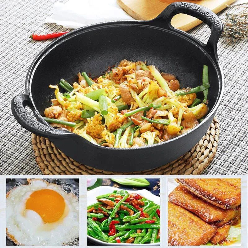 Pre-seasoned Pure Cast Iron Flat Bottom Wok with Wooden Lid