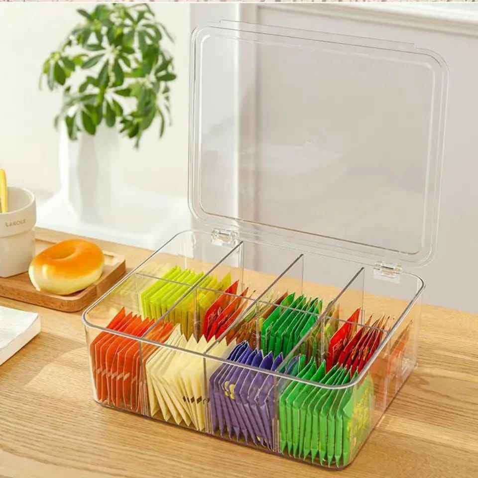 Acrylic Tea Bag Organizer With cover and Compartment Divider box