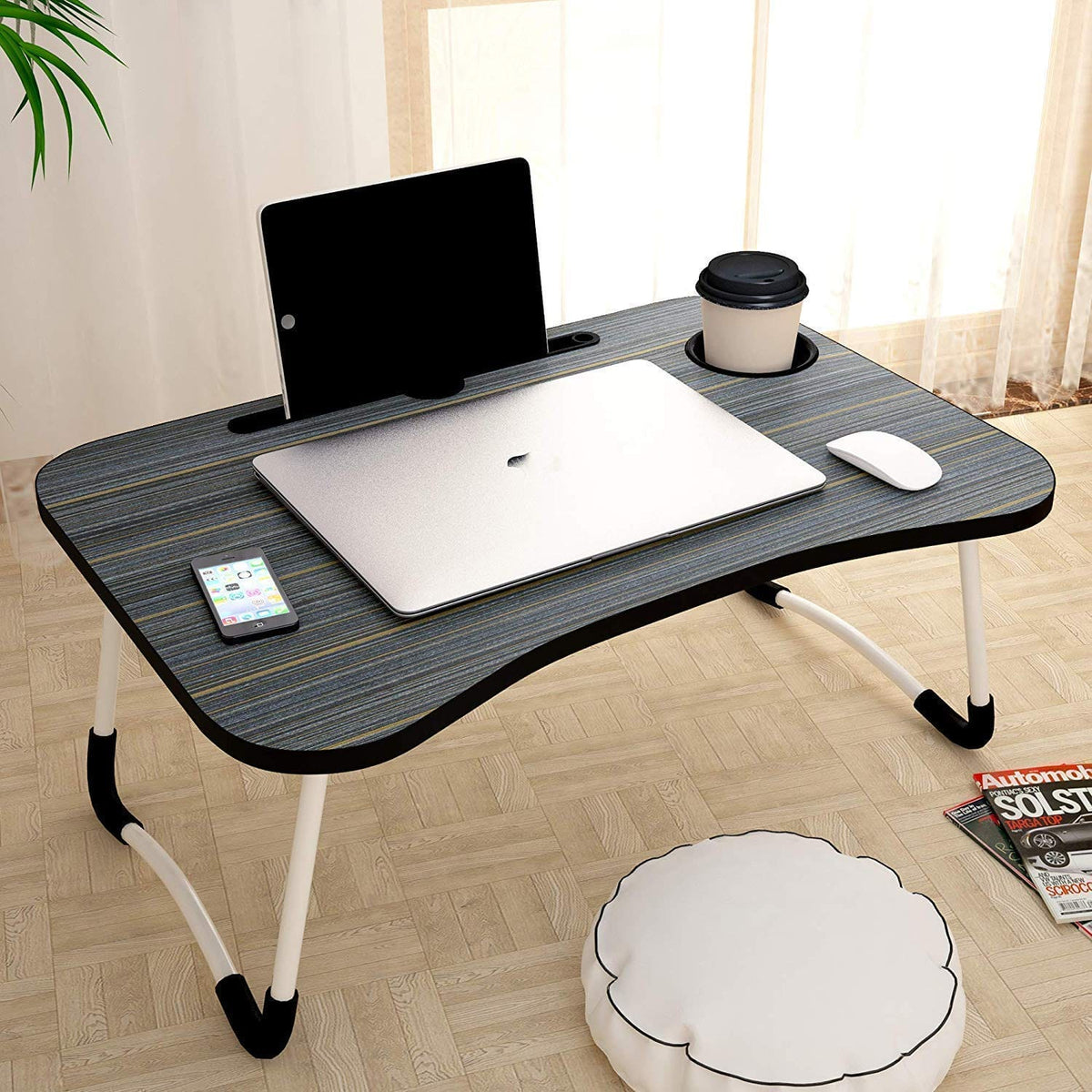 Multi-purpose foldable portable laptop desk study table with tablet slot and drink slot
