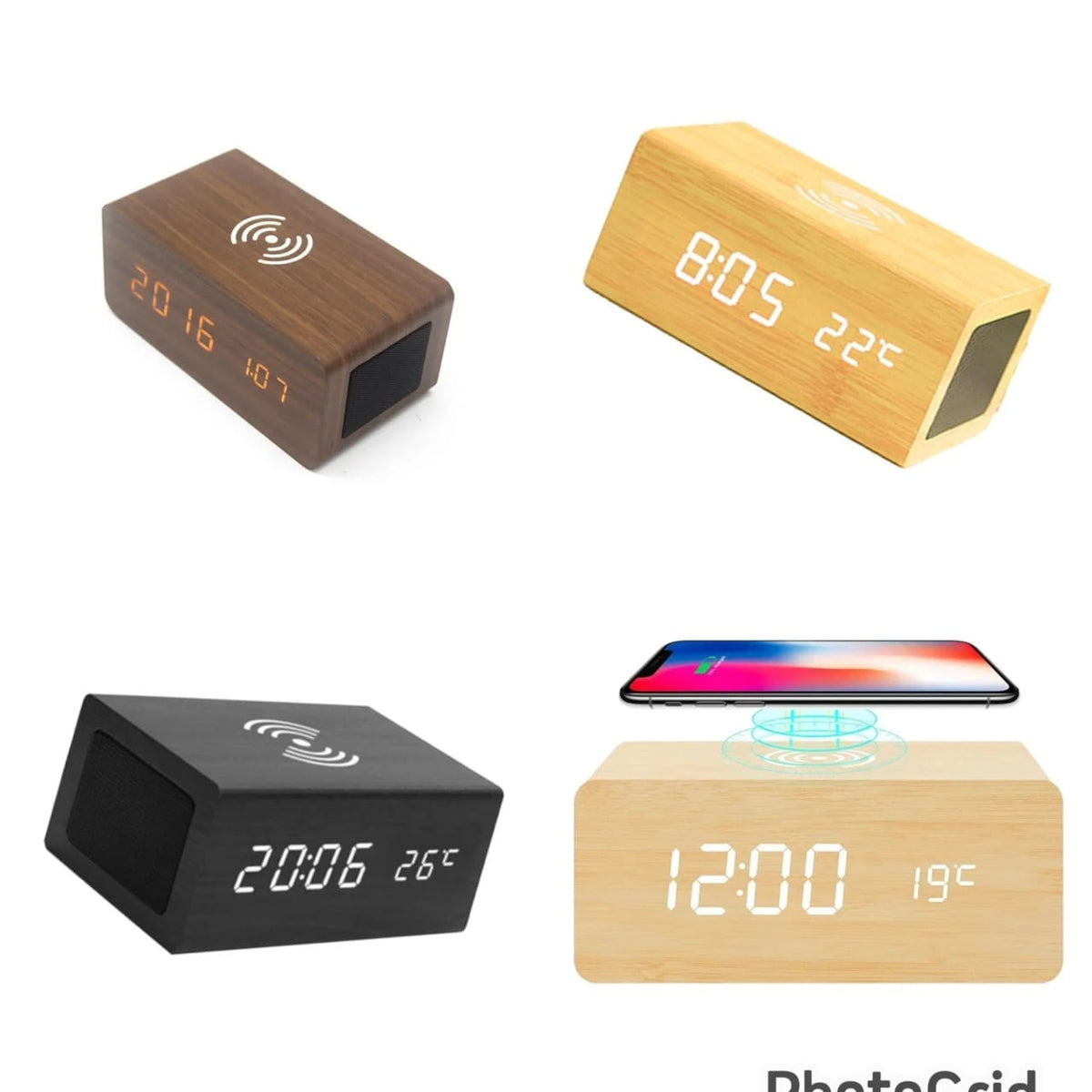 Wireless Charging Bamboo Wooden Digital Alarm Clock Bluetooth Speaker with Temperature