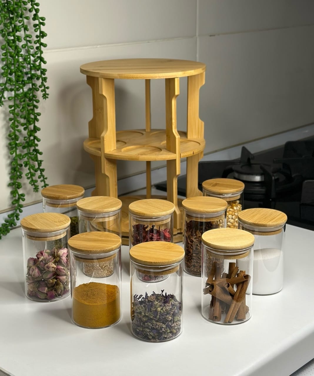 Rotating Spice Bamboo Tabletop Rack with 10pcs Jars