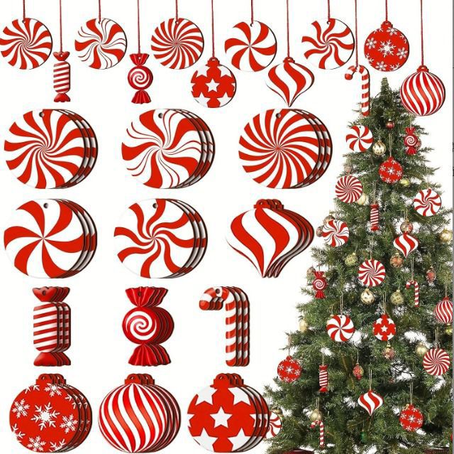 12pcs wooden red candy windmill cane Christmas tree pendant decoration