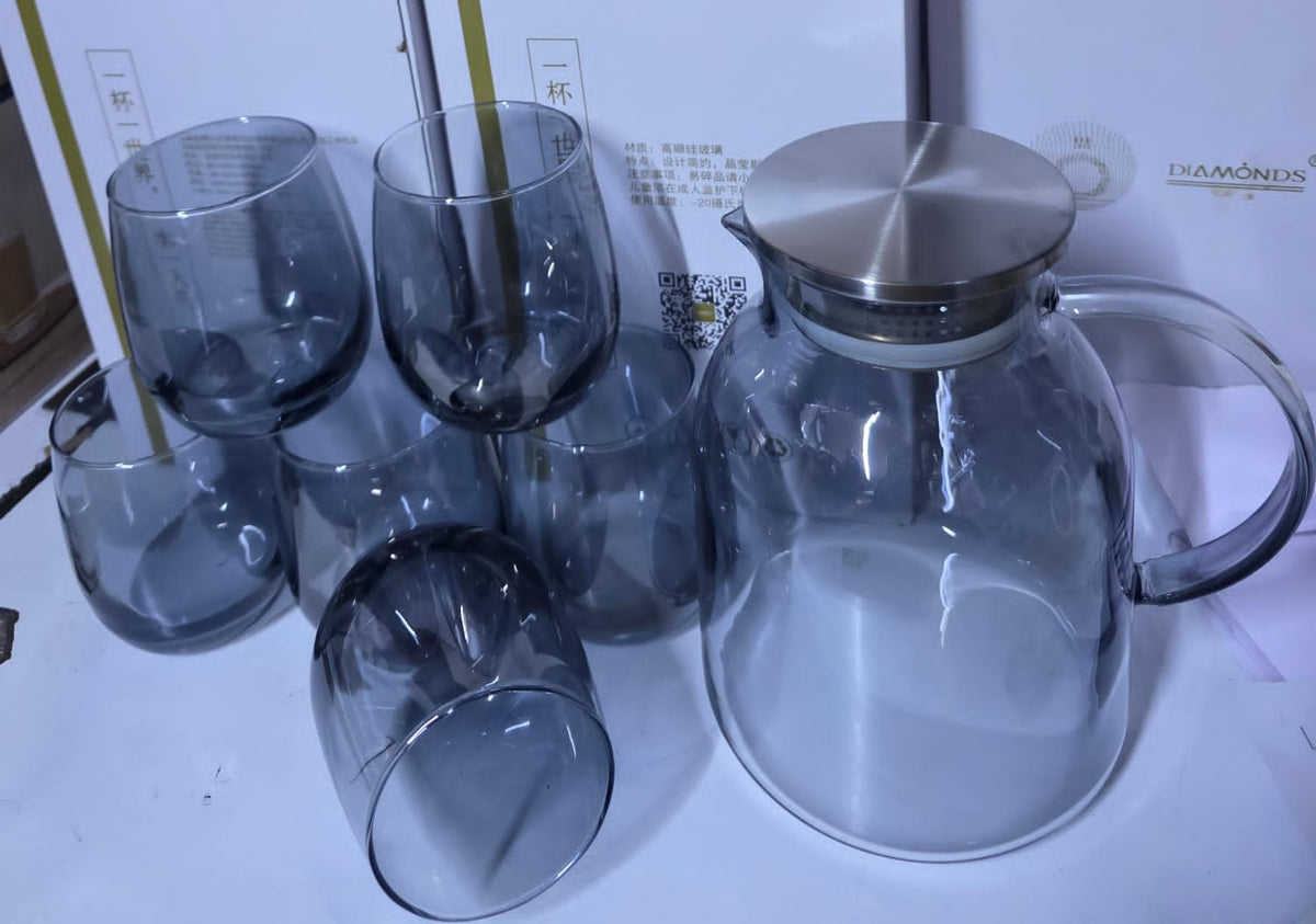 6 set smoky glass borrosilicate water set jug 1.8L&nbsp; Glass 6 pcs