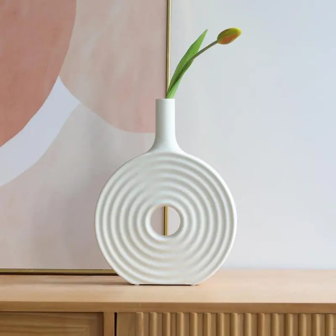 DECORATIVE MODERN ROUND ELEGANT WHITE CERAMIC VASE