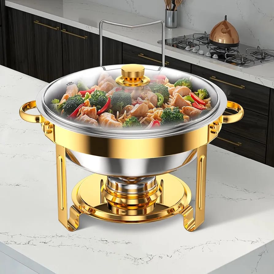 Elegant Round Stainless Steel Chafing Dish with Golden Accents