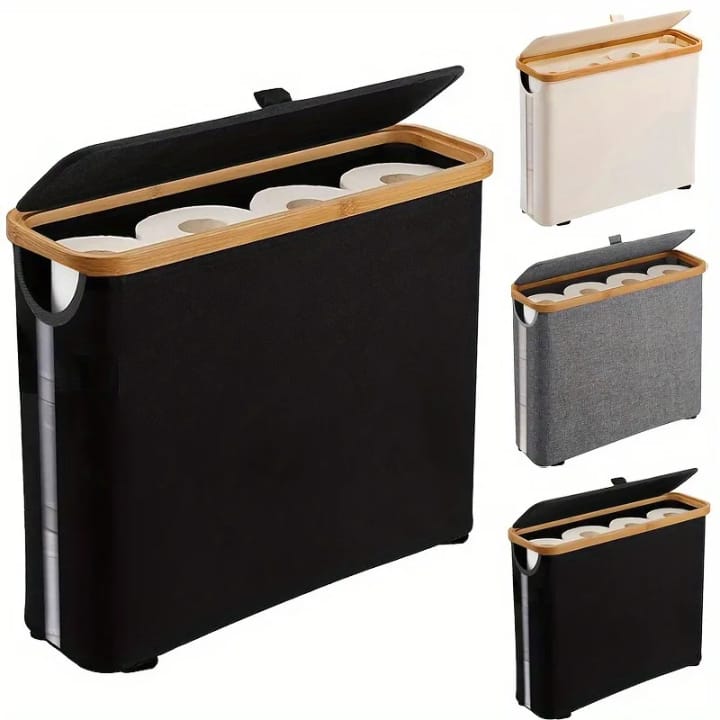 Toilet paper basket organiser with bamboo lid