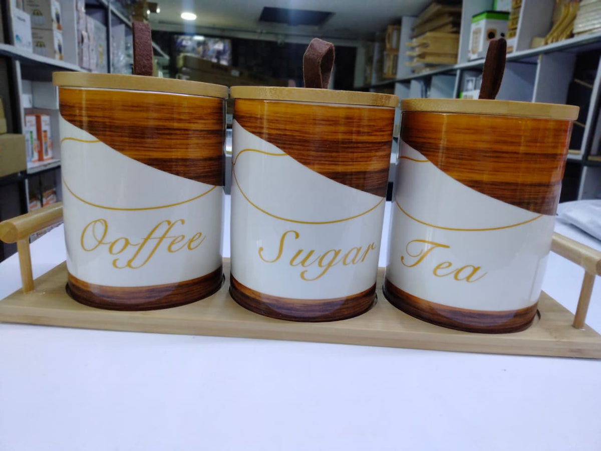 3pcs Ceramic Canisters Set with Bamboo Stand
