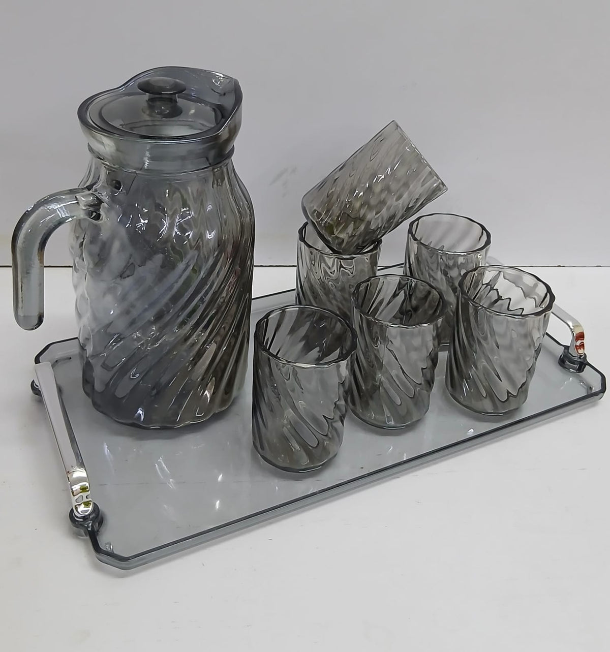 Glass Jug with glasses + Tray Available