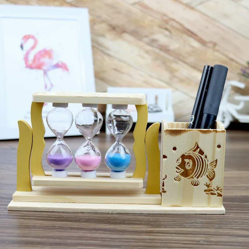 Handicraft Wooden Pen Stand with 3 Hourglass Timer