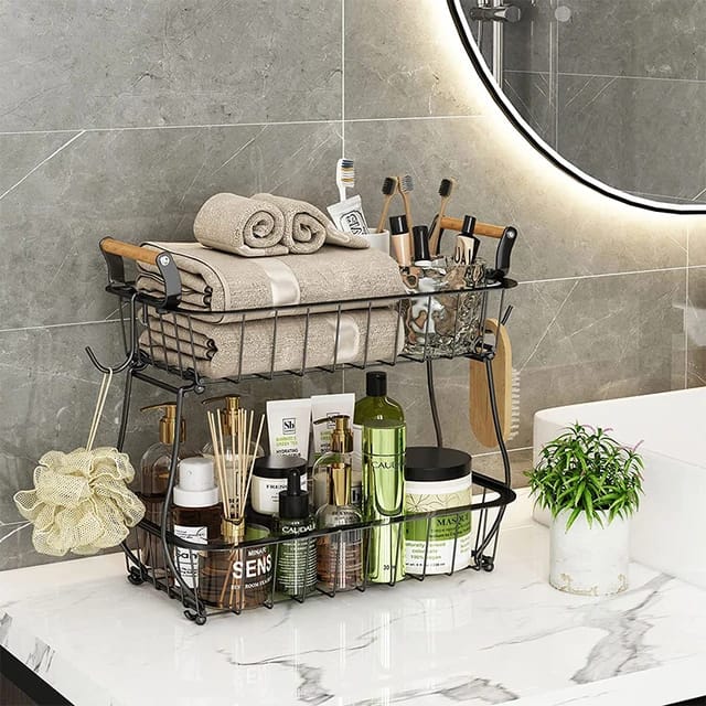 2 tier detachable Nordic metallic  basket/rack with wooden handles